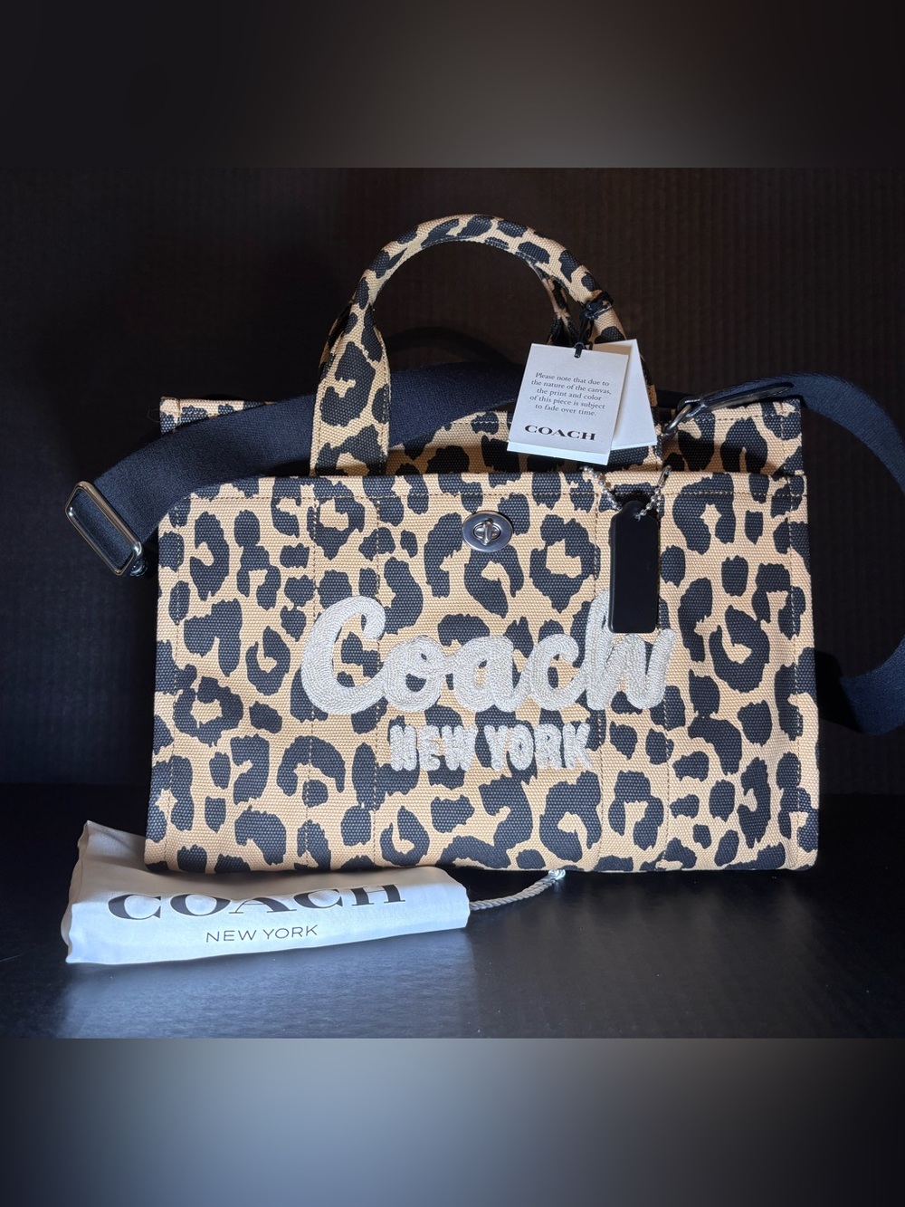 COACH NWT Leopard Print Canvas Tote Bag - Beige/Black